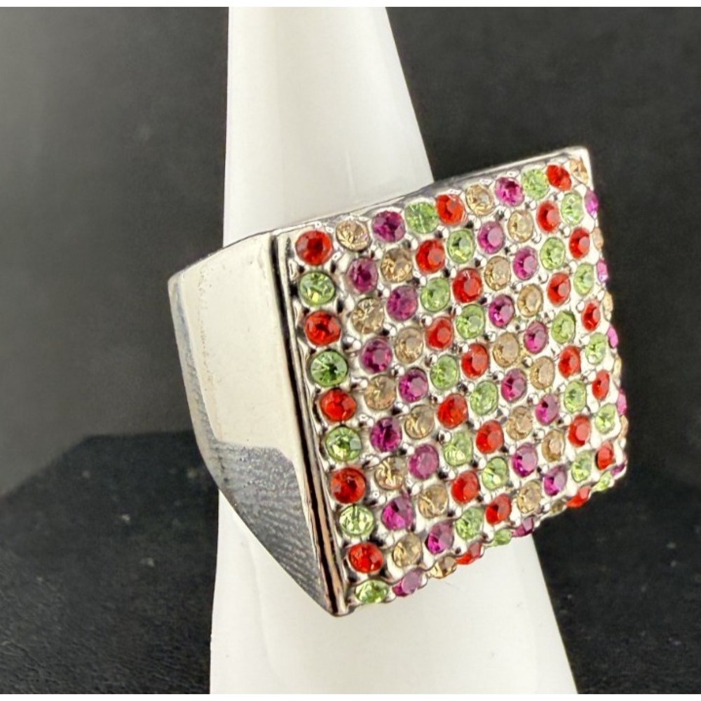 Chunky Square Ring Silver Tone Pink Red Green Rhinestone Rainbow 6.5